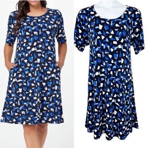 Susan Graver Blue Geometric Print Liquid Knit Fit & Flare Dress